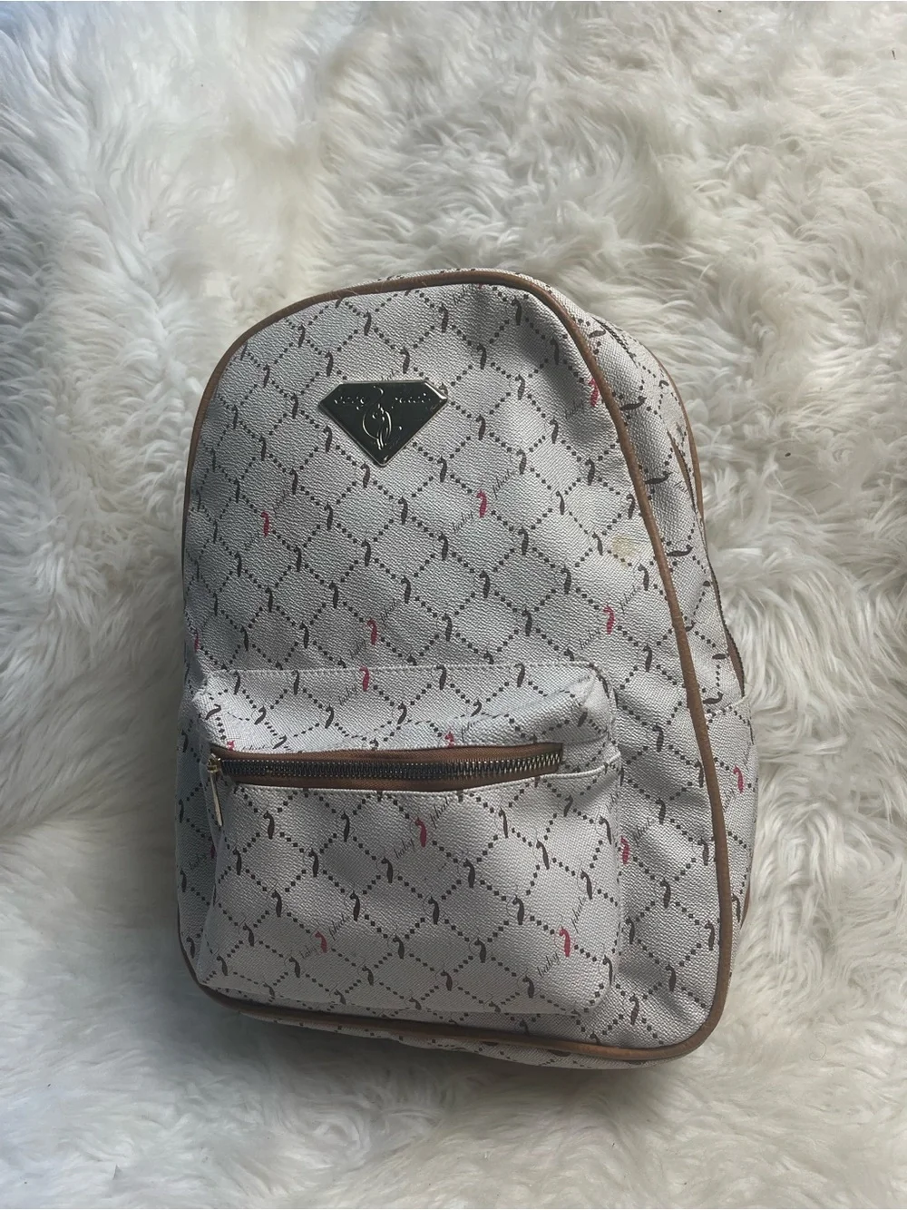 Babyphat synthetic Beige Patterned Backpack with Brown Trim gold accent